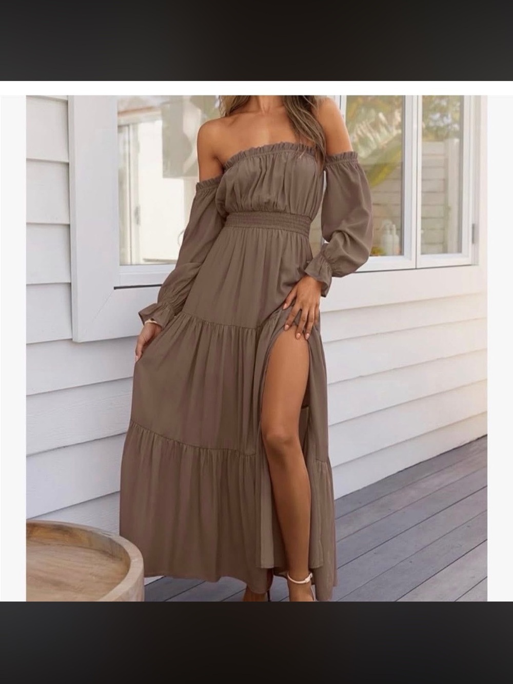Off-Shoulder Long Sleeve Maxi Dress in Taupe